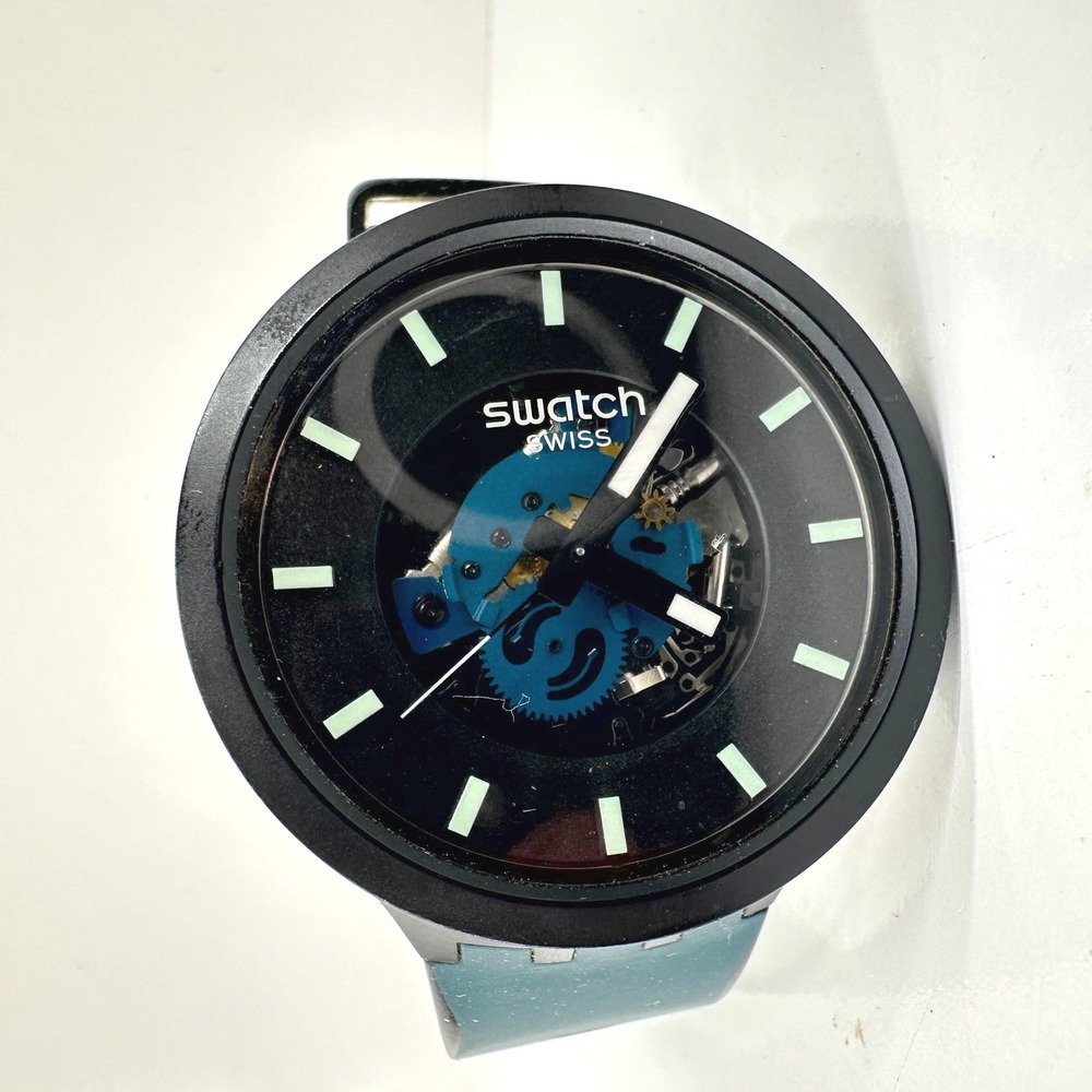 Swatch Watch Big Bold Night Trip Quartz Skeleton Silicone Black Teal SB03B107